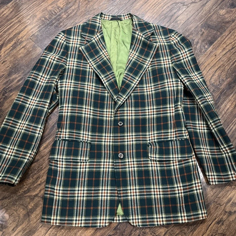 Vintage Cricketeer Blazer Sport Coat Mens 40R Green Orange Plaid Jacket 70s